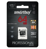 SmartBuy Professional microSDXC Class 10 UHS-I U3 64GB + SD adapter флеш карта с адаптером